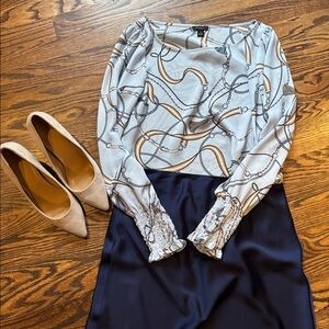 Ann Taylor Factory Chain Print Blouse XS Long Sleeve Smocked Cuff